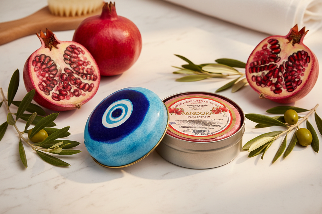 Pomegranate olive oil soap in decorative blue evil eye tin case styled on marble with fresh pomegranate and olive branches