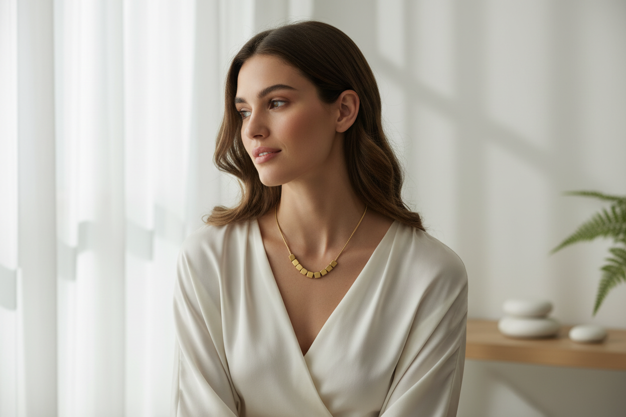 Magazine-style banner featuring model wearing Kubi necklace