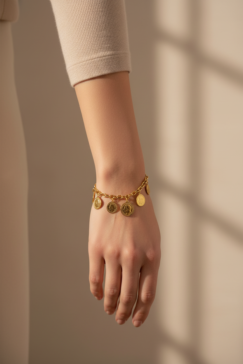 Model wearing one single-strand bracelet with hand pointing down