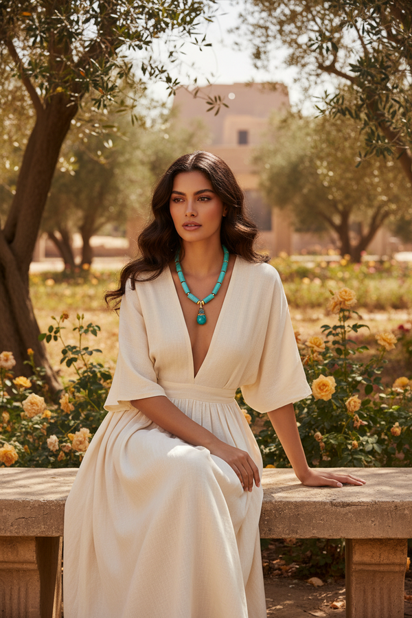 Model with long hair sitting outdoors wearing Siwa Necklace